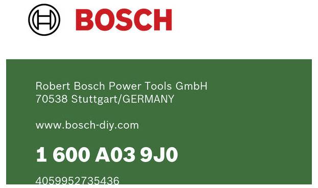Bosch-Produktetikett mit Robert Bosch Power Tools GmbH, Stuttgart/Deutschland, Website www.bosch-diy.com und Teilenummer 1 600 A03 9J0.