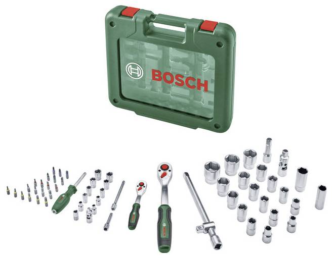 Bosch-Steckschlüssel- und Schraubendreher-Set in grünem Transportkoffer mit Ratschenschlüsseln, Verlängerungsstangen, Bits und sortiertem Steckschlüssel-Sortiment unten angeordnet.