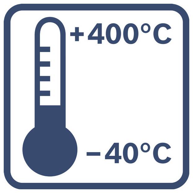Thermometer-Symbol mit einem Temperaturbereich von +400°C oben bis -40°C unten.