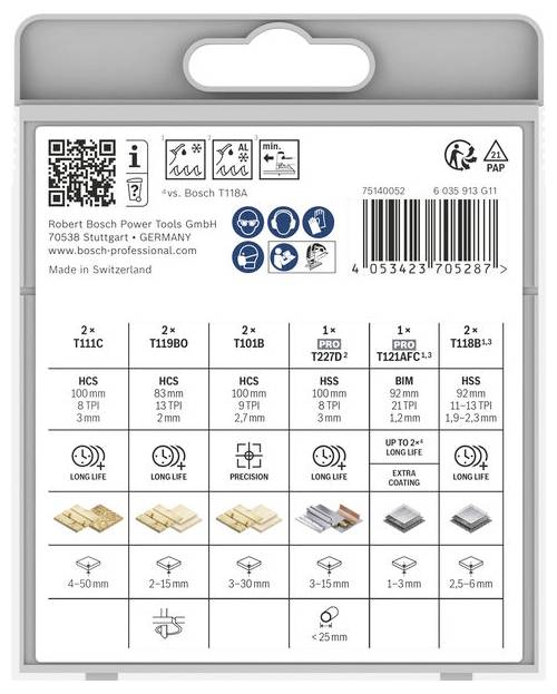 Bosch Professional Blattsortimenpaket zeigt sechs Blatttypen mit QR-Code, Produktcodes, Materialien, Schnittgrößen und Verwendungssymbolen.