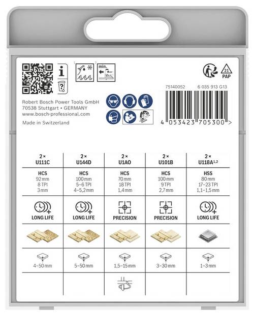 Bosch Mehrzweck-Sägeblattpaketetikett mit QR-Code, Modellinformationen, Barcode, Sicherheitssymbolen und einer Tabelle mit Sägeblatttypen, Größen und Anwendungen.