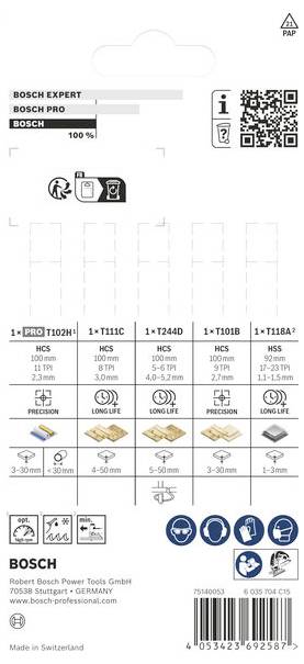 Bosch Expert Bohrerset-Verpackung vorne mit Produktetiketten, Bitgrößen-Symbolen, QR-Code und Strichcode; zeigt HCS/HSS-Bits für Holz, Metall und Kunststoff.