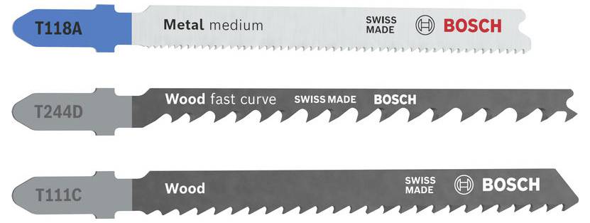 Three Bosch jigsaw blades shown stacked: T118A metal medium, T244D wood fast curve, and T111C wood, each labeled Swiss Made.