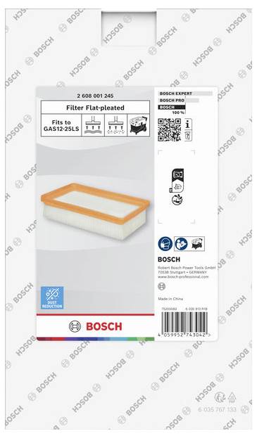Bosch Expert-Filterflachwellenluffilter-Verpackung, passend für GAS12-25L-Staubsauger, mit Produktabbildung und Teilenummer 2 608 001 245.