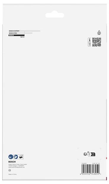 Vorderseite einer Bosch-Produktverpackung, überwiegend weiß mit einer Aufhängelasse, kleinen Etiketten und QR-Code sowie Barcode am unteren Ende.