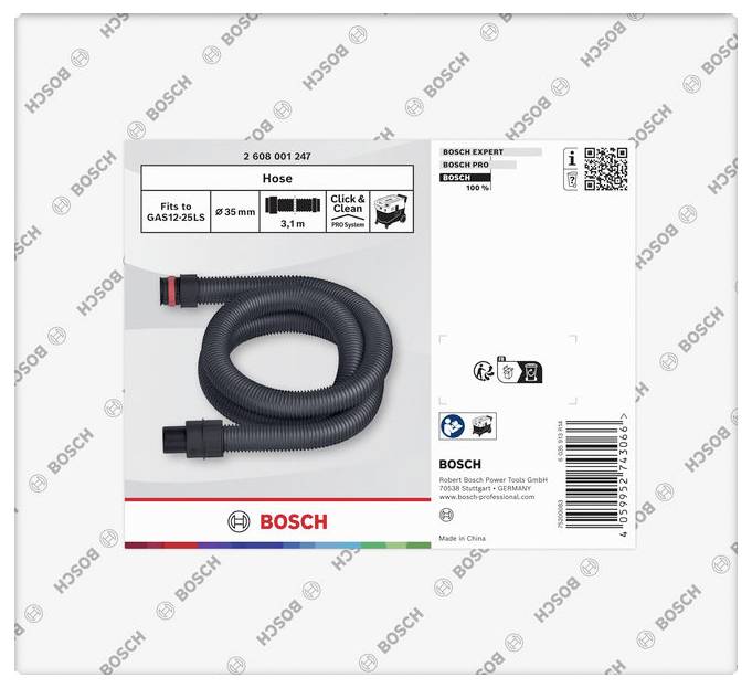 Bosch Staubsaugerschlauch-Produktpaket mit aufgewickeltem schwarzem Schlauch; das Etikett besagt, dass er zu GAS 12-25L/S, 35 mm, 3,1 m, Click & Clean passt.