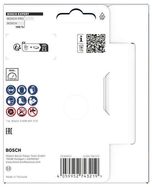 Bosch Expert Produktverpackung auf der Rückseite mit QR-Code, Sicherheitssymbolen, Barcode und Recycling-Symbolen.