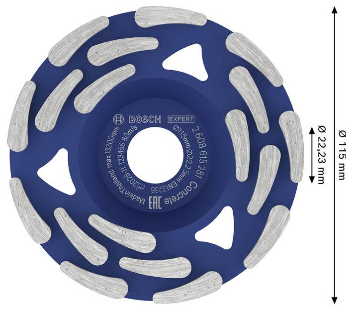 Blaues Bosch Expert Diamanttrennscheibe mit segmentiertem silberfarbenem Schneidbelag, gekennzeichnet mit 115 mm Durchmesser und 22,23 mm Dornloch.
