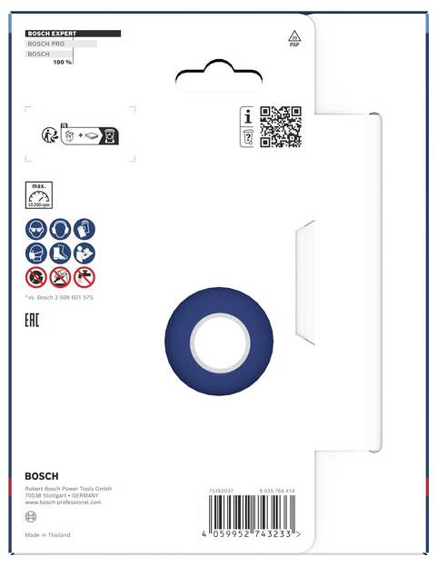 Vorderseite der Bosch Expert/Bosch Pro Produktverpackung mit Aufhängelaschen, QR-Code, Symbolen, Barcode und einer blauen Schleifscheibe, die durch das Fenster sichtbar ist.