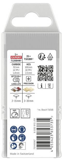 # Vorderseite einer Bosch Expert T101BR Stichsägeblatt-Packung mit Spezifikationen, Materialikonen, QR-Code und 
