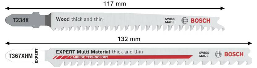 Vergleichsbild von zwei Bosch-Sägeblättern: T234X Holz, 117 mm; und T367XHM Expert Multimaterial, Hartmetall-Technologie, 132 mm.