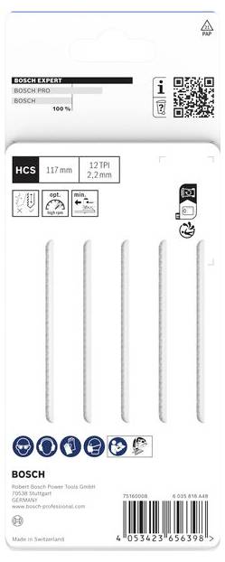 Bosch Expert HCS Sägeblatt-Paket mit der Bezeichnung 'BOSCH PRO' für Holz, 117 mm, 12 TPI, mit Produkt-QR-Code und Werkzeugsymbolen.