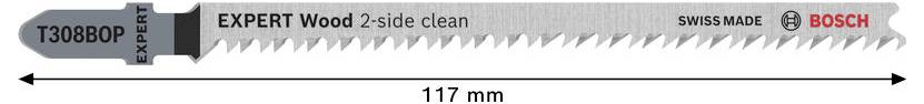 Bosch Expert Holz 2-seitig sauberer Sägeblatt, 117 mm lang, mit T308BOPT und Schweizer Herkunftsbezeichnung.