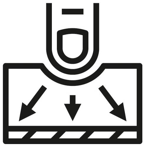Schwarzes Liniensymbol eines U-förmigen Behälters, der Flüssigkeit auf eine Oberfläche abgibt, mit drei nach unten zeigenden Pfeilen.