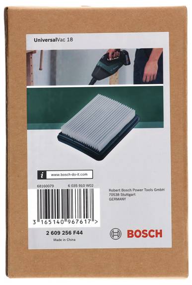 Bosch UniversalVac 18 Staubsaugerfilterkassette mit Produktabbildung, Barcode, Teilenummer 2 609 256 F44 und Bosch-Branding.