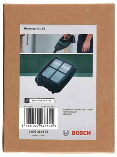 Bosch UniversalVac 18 Schachtelverpackung mit Produktfoto, Barcode, Modellnummer 2 609 256 F45 und Bosch-Branding.