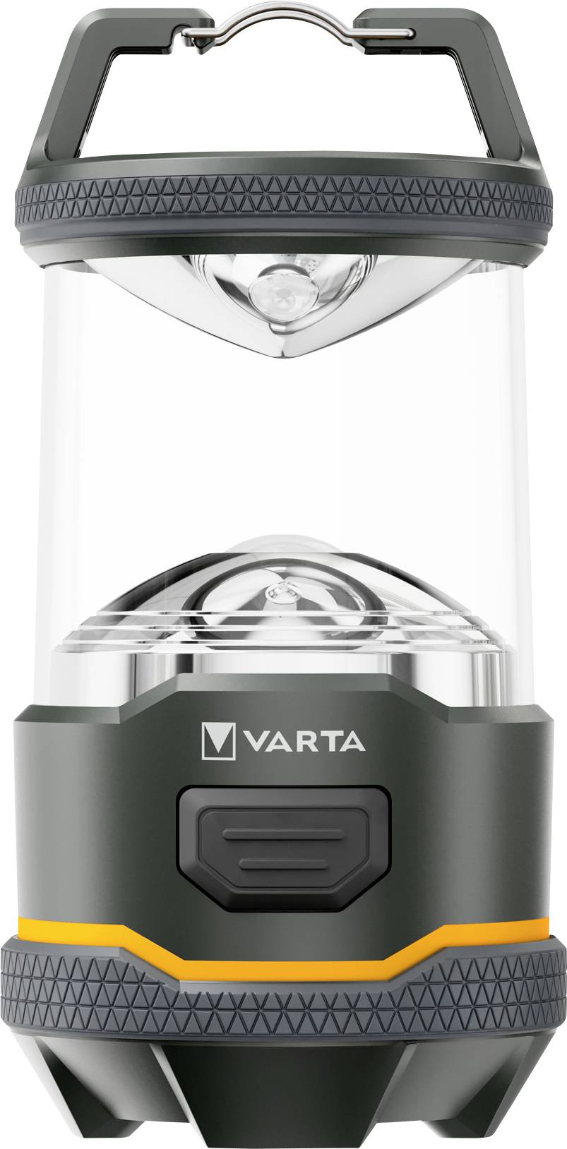 Zweiansicht eines VARTA-Campinglaterne mit Tragehenkel, aufrecht und umgekehrt gezeigt, wobei sein kompaktes Schwarz-Grau-Design und der Lichtdiffusor hervorgehoben werden.