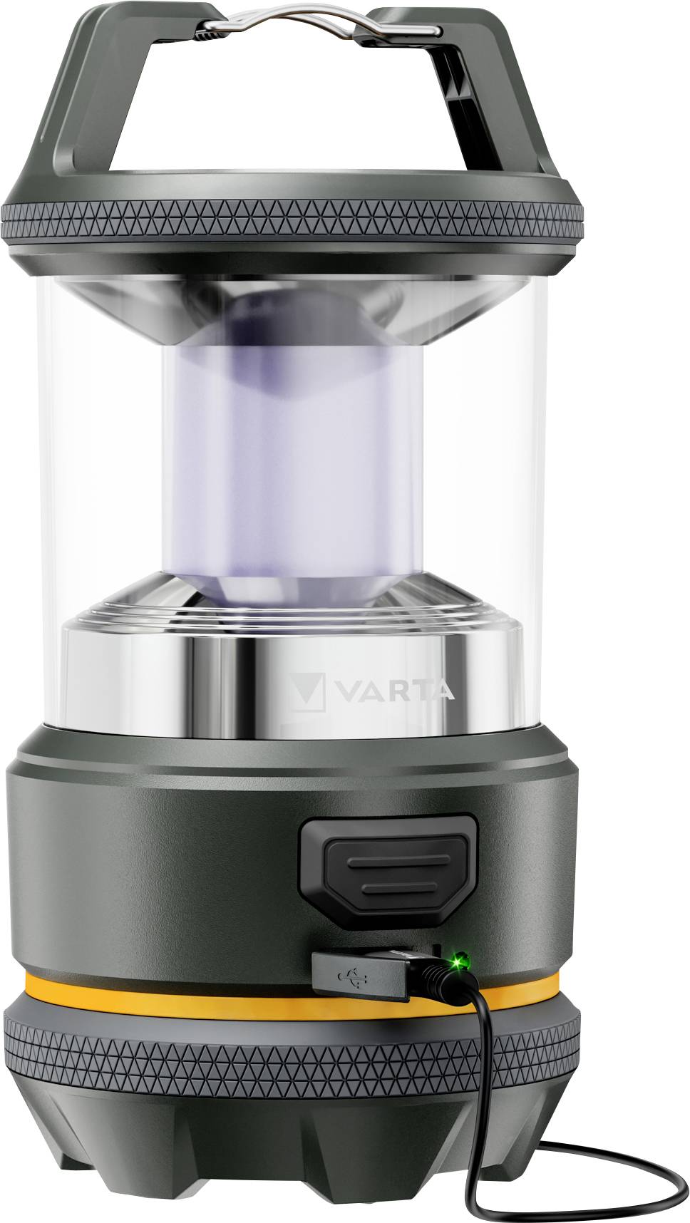 Tragbare VARTA Campinglaterne mit Griff, durchscheinendem Lichtraum und an der Basis angebrachtem USB-Ladekabel.