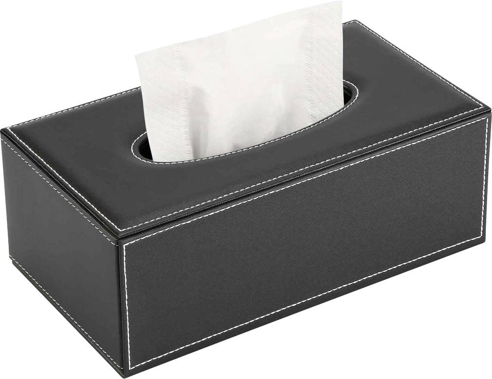 Schwarze rechteckige Taschentuchbox mit einem einzelnen weißen Taschentuch, das durch die obere Öffnung gezogen ist.