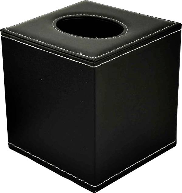 Schwarze Ledergewebetuchbox-Abdeckung mit einer kreisförmigen Öffnung oben, gezeigt auf einem einfachen weißen Hintergrund.