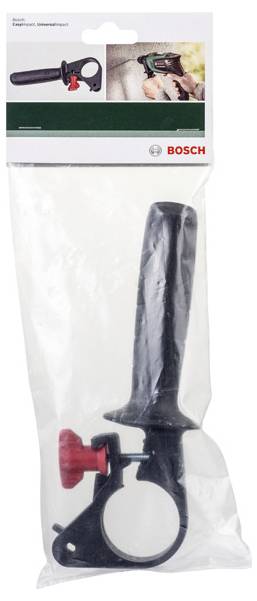 Bosch-Werkzeugzubehör in transparenter Kunststoffverpackung, die einen schwarzen Spanngriff mit rotem Spannknopf und ein Bild einer tragbaren Bohrmaschine auf dem Etikett zeigt.