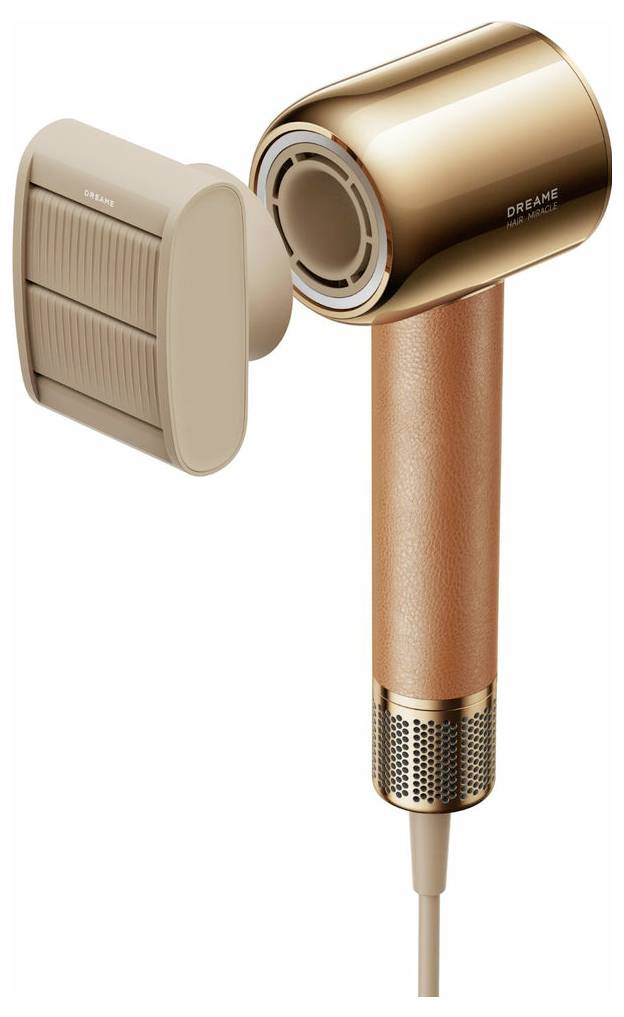 Roségold- und beige-farbener tragbarer Haartrockner mit abnehmbarem Frontfilteraufsatz und Stromkabel auf weißem Hintergrund.
