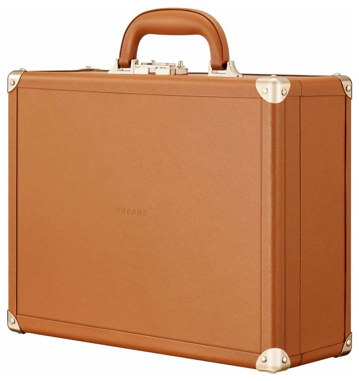 Orange Hartschalen-Aktenkoffer-Stil Koffer mit Griff und Metalleckenprotektoren, gezeigt auf weißem Hintergrund.