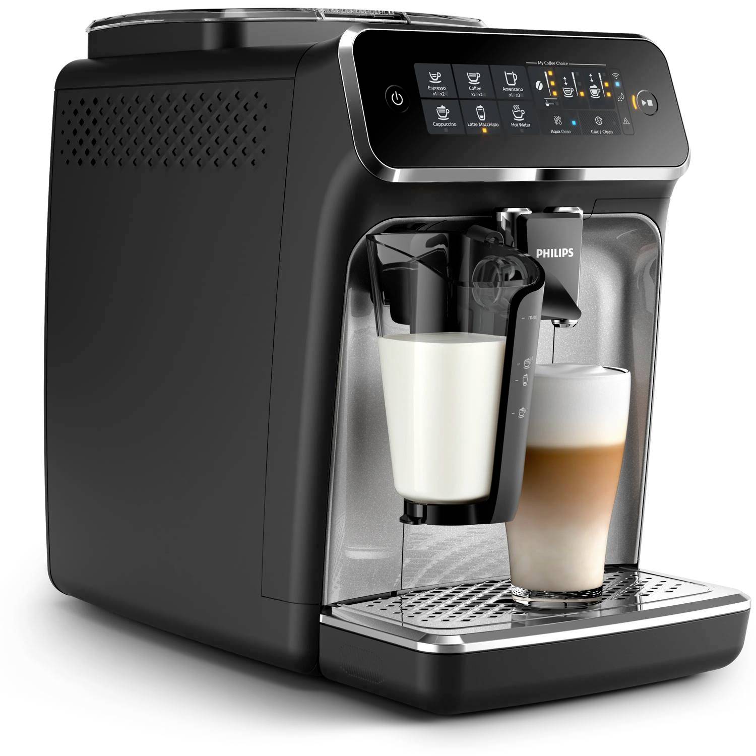 Philips Vollautomatische Kaffeemaschine, die zwei milchbasierte Getränke in Gläser auf dem Tropfblech dispensiert.