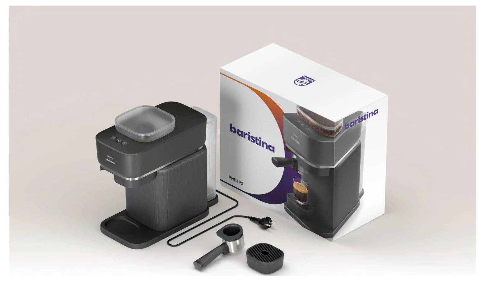 Produktfoto einer schwarzen Baristina-Kaffeemaschine, neben ihrer Markenbox gezeigt mit Siebträger und Zubehör auf hellem Hintergrund.