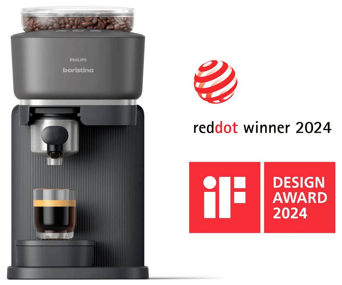 Philips Baristina Kaffeemaschine mit Tasse unter der Ausgießer, neben den Logos Red Dot Winner 2024 und iF Design Award 2024.