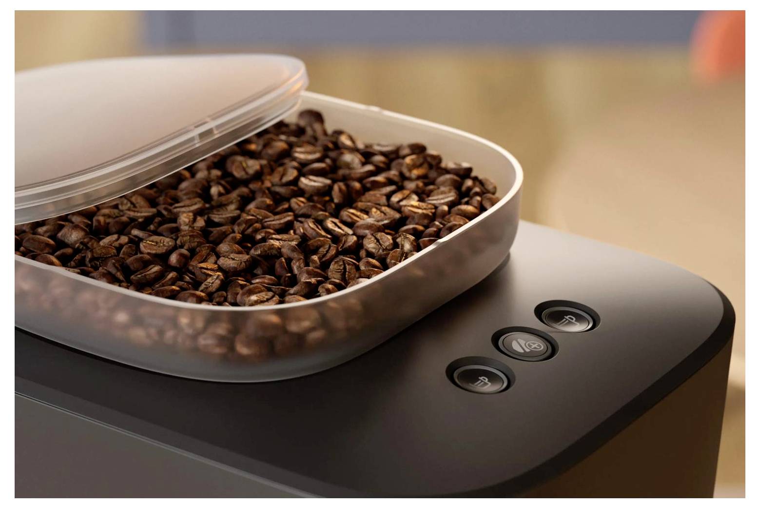 Offener Behälter mit gerösteten Kaffeebohnen auf einer schwarzen digitalen Waage, mit drei sichtbaren Kontrolltasten.