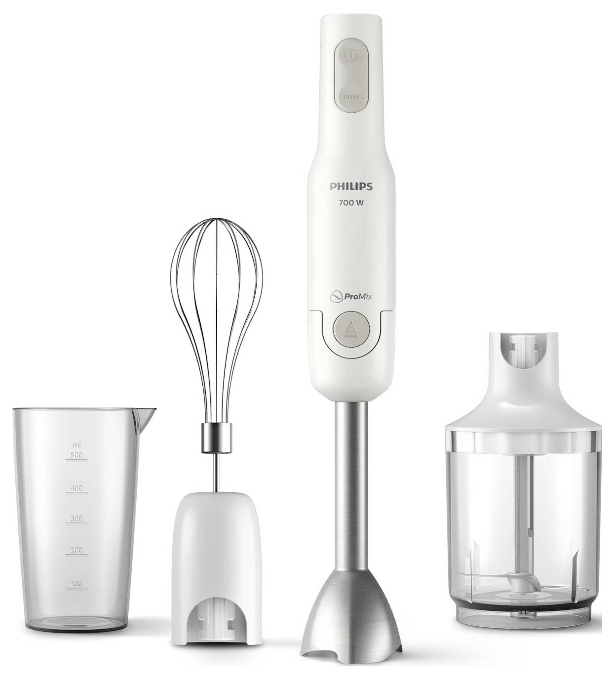 Philips 700W Stabmixer-Set mit Stabmixer, Schneebesen-Aufsatz, Messbeccher und Zerkleinerer-Behälter auf weißem Hintergrund.