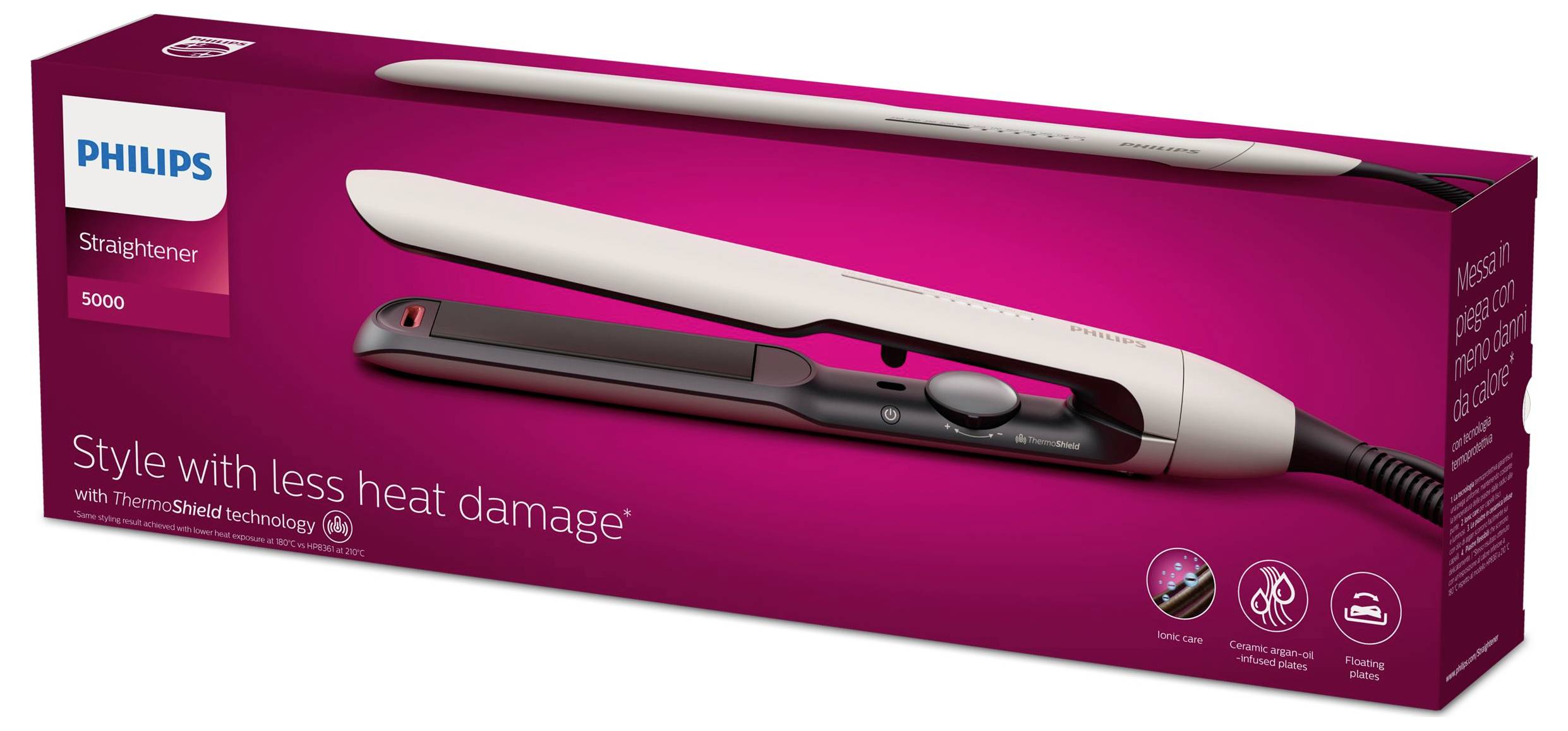Philips Glätteisen 5000 Verpackung mit einem weiß-rosafarbenen Haarglätter, mit dem Slogan „Stil mit weniger Hitzeschaden