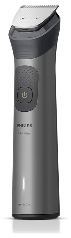 Philips OneBlade elektrischer Trimmer mit Kammaufsatz und Ein-/Ausschalter, aufrecht auf weißem Hintergrund dargestellt.