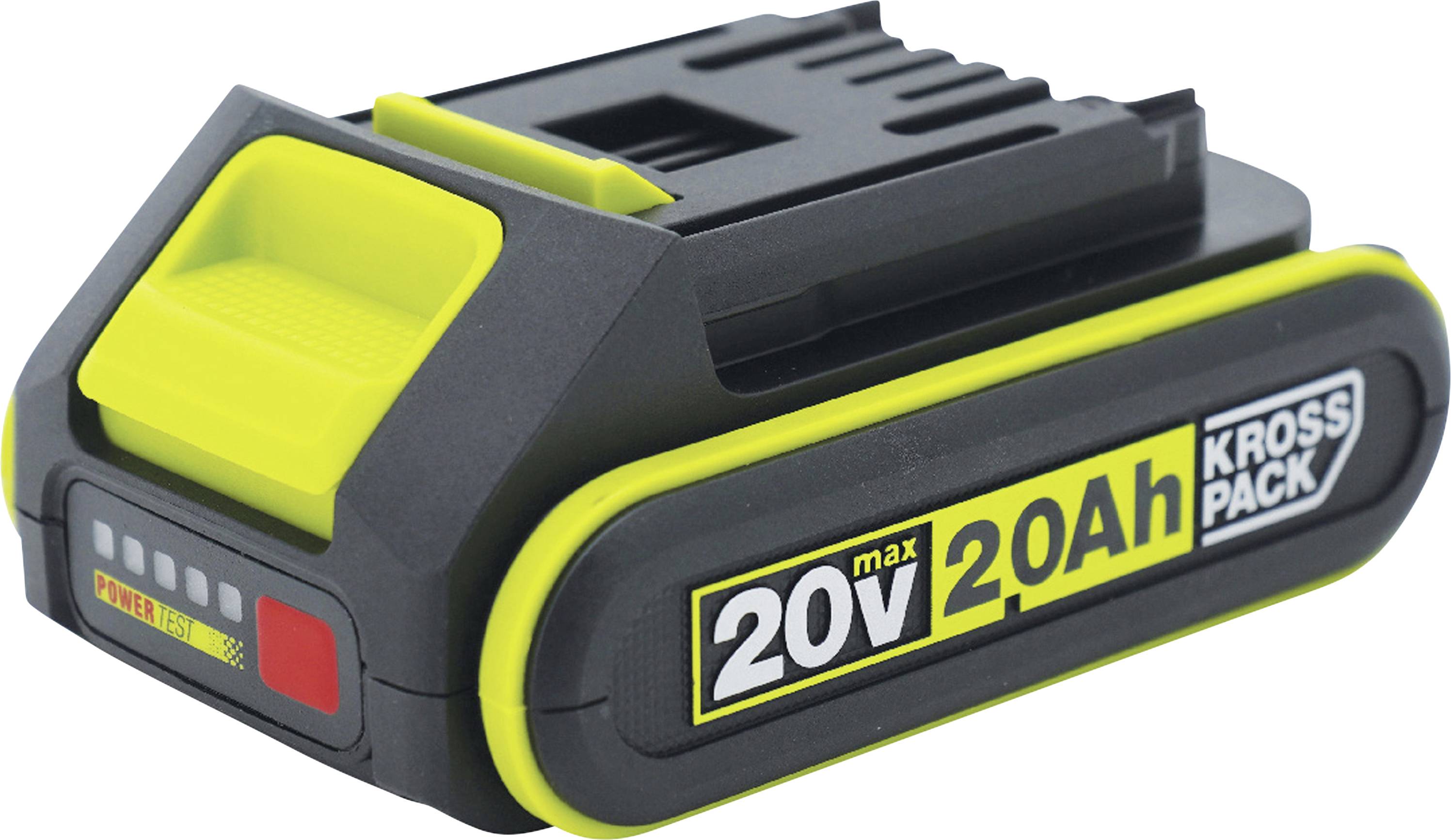 Ein schwarzer und gelber 20V 2.0Ah Kross Pack Elektrowerkzeug-Akku mit Ladeanzeige und Entriegelungshebel.