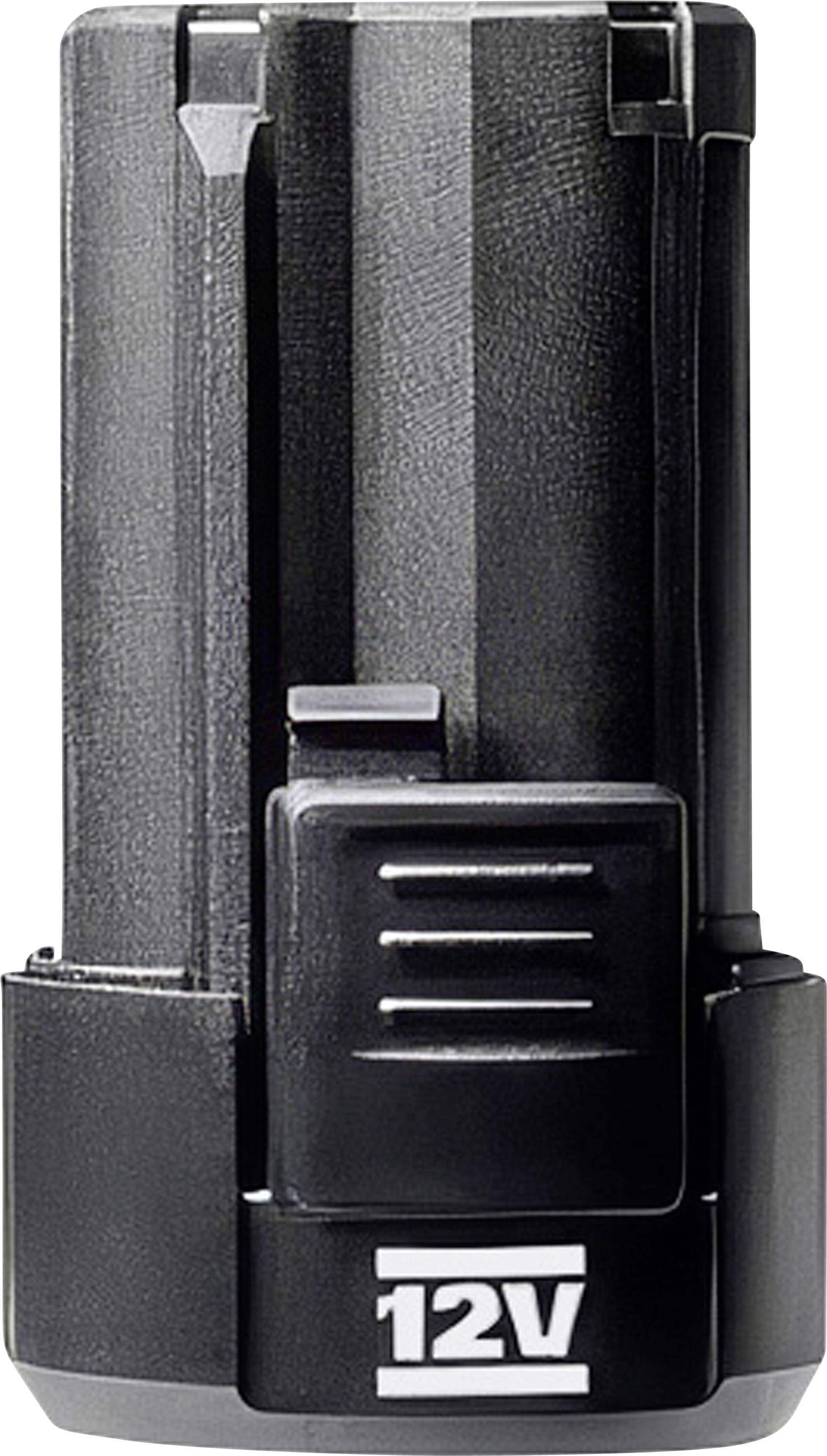 Schwarze 12-V-Batterie oder Elektrowerkzeug-Batteriekartusche, Vorderansicht mit sichtbarem 