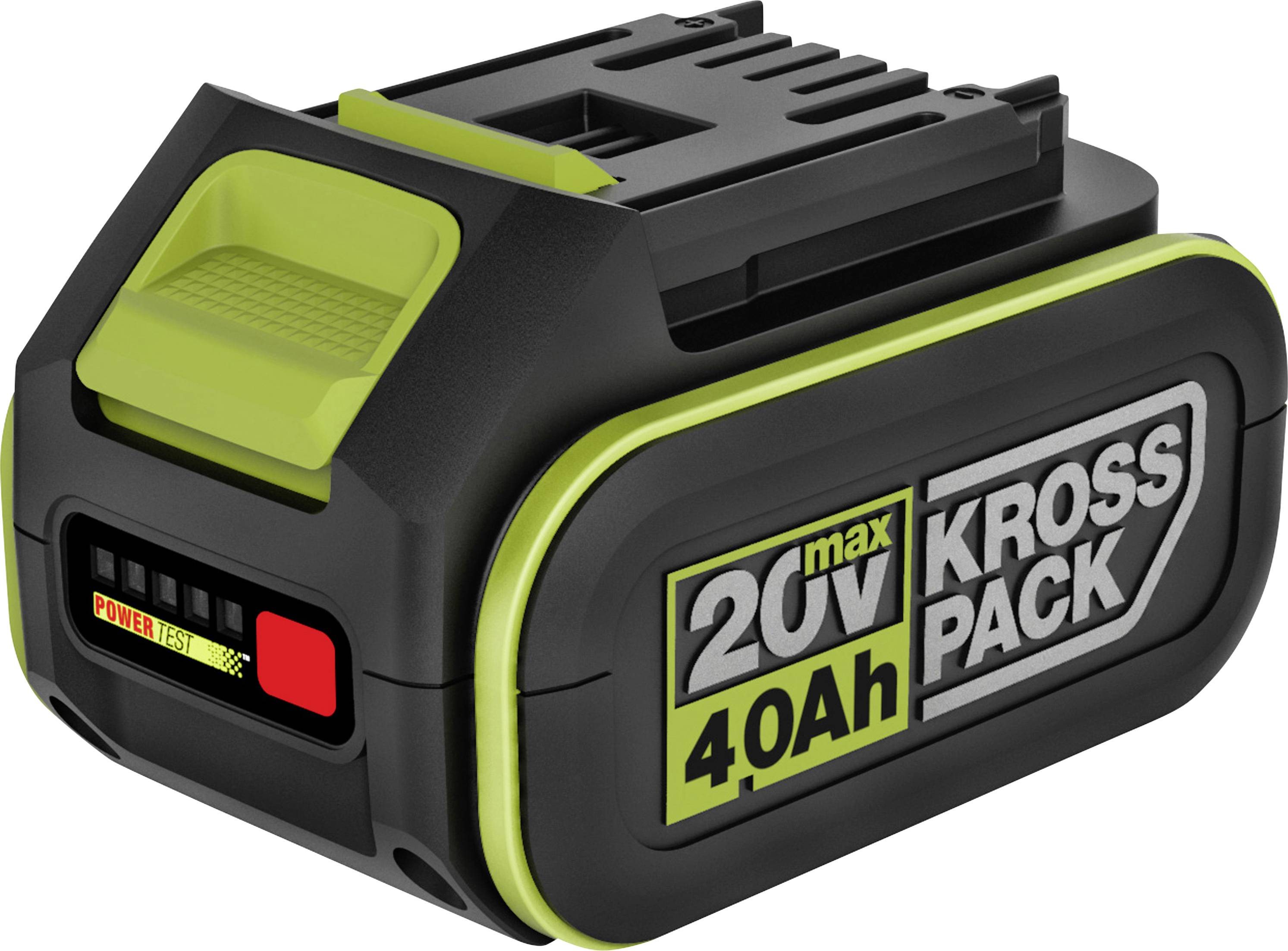 Schwarze und grüne 20V 4,0Ah Kross Pack Batterie mit Stromtestanzeige auf der Vorderseite.