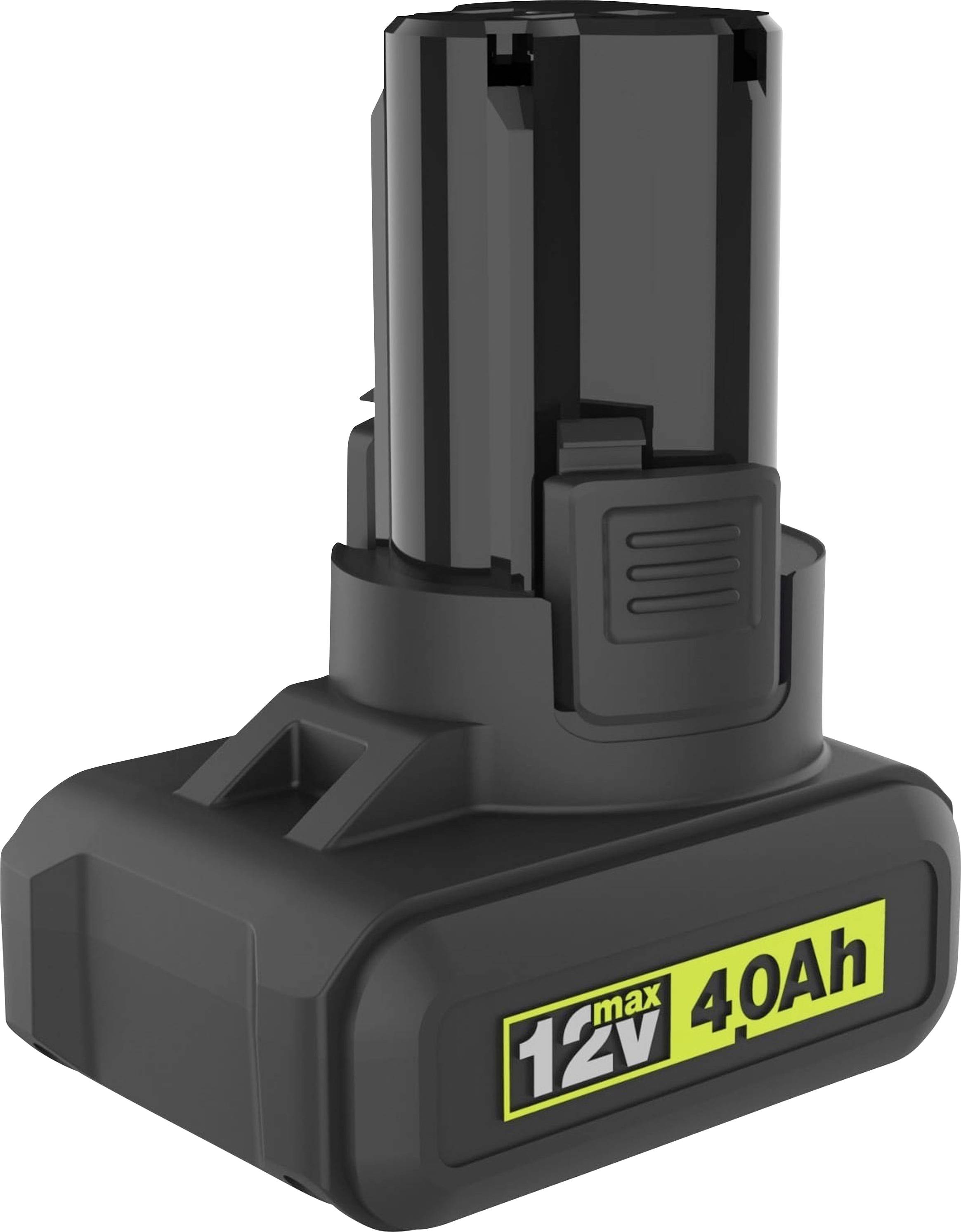 Schwarzes wiederaufladbares Elektrowerkzeug-Akkupack mit der Aufschrift „12V max 40Ah