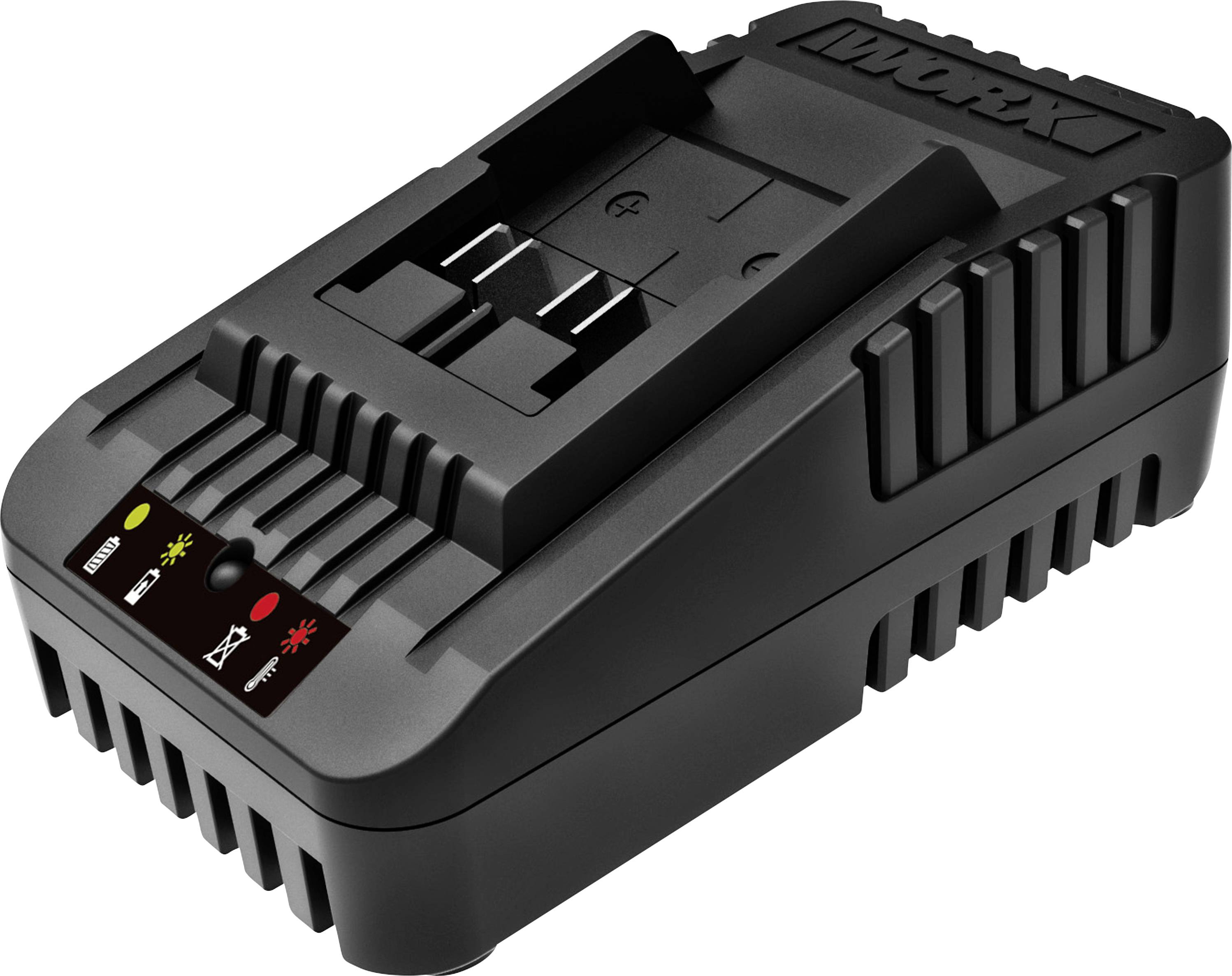 Schwarzes Batterieladegerät mit Anzeigeleuchten und Steckplatz für ein Batteriemodul, in einer angewinkelten Produktansicht auf weißem Hintergrund dargestellt.