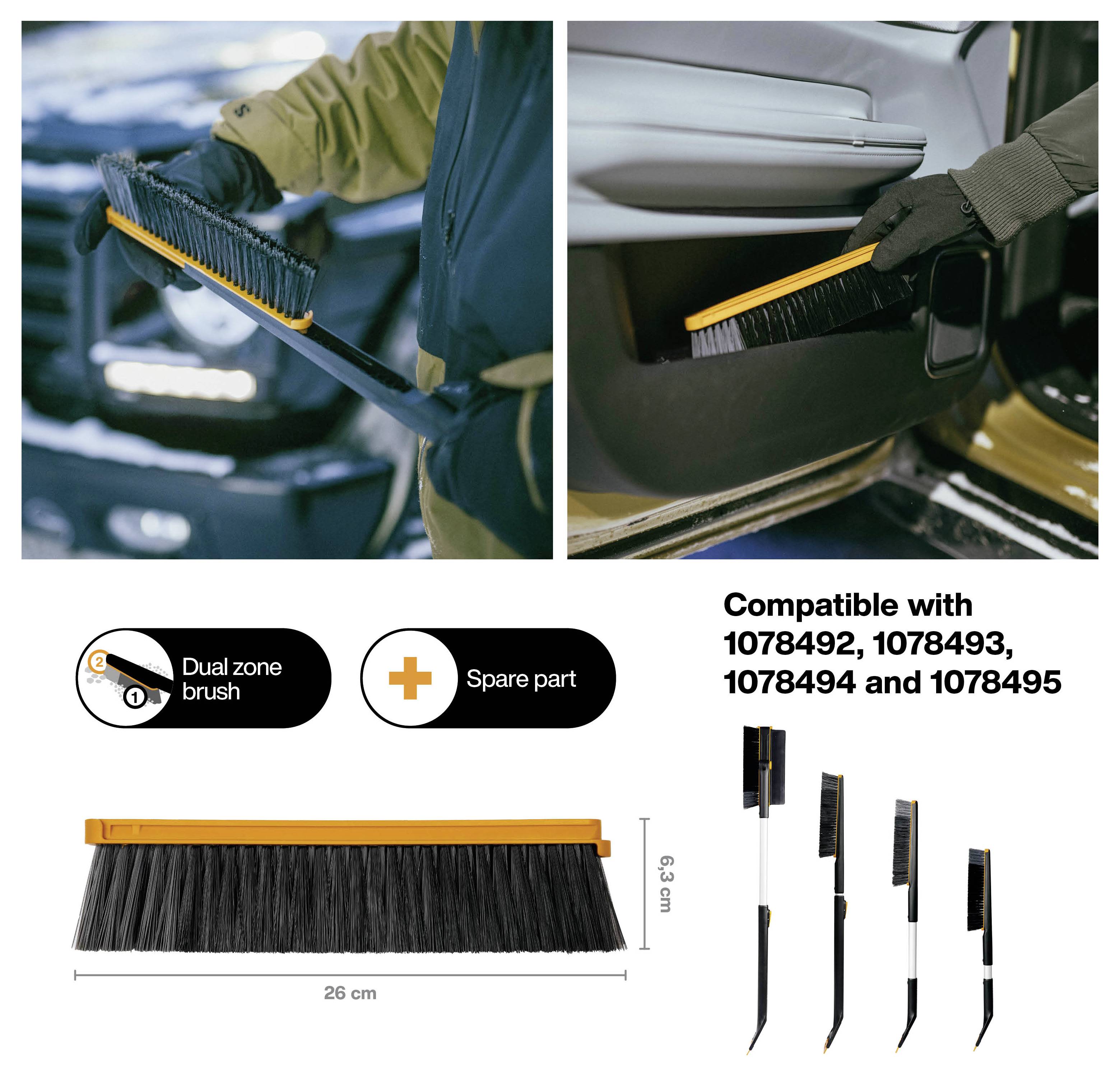 Produktbild einer Dual-Zone-Bürste zur Reinigung des Innen- und Außenbereichs eines Autos, die Kompatibilität mit Ersatzteilen 1078492, 1078493, 1078494 und 1078495 zeigt, sowie Bürstendimensionen.