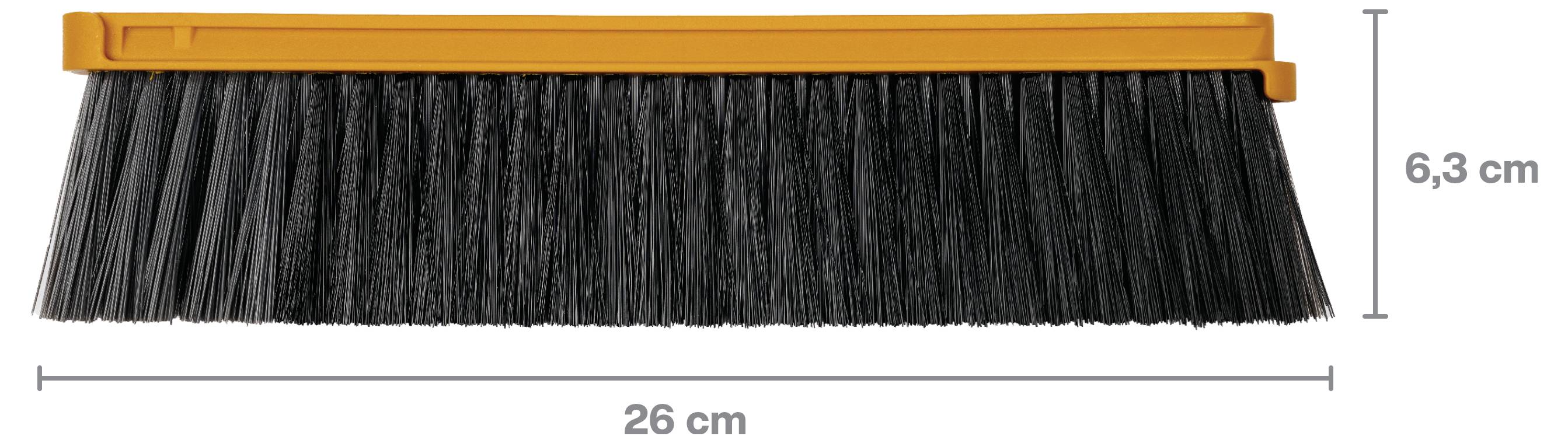 Schwarzer Besenkopf mit orangenem Befestigungsstreifen, gezeigt mit Abmessungen: 26 cm breit und 6,3 cm hoch.