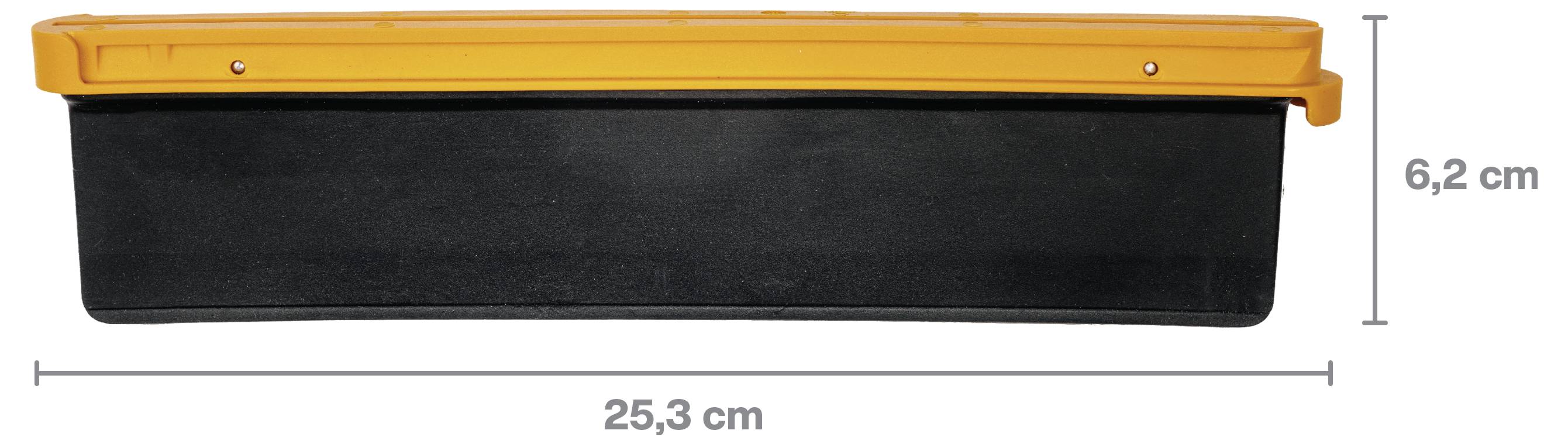 Schwarzer rechteckiger Behälter mit orangefarbigem Deckel, beschriftet 25,3 cm breit und 6,2 cm hoch.