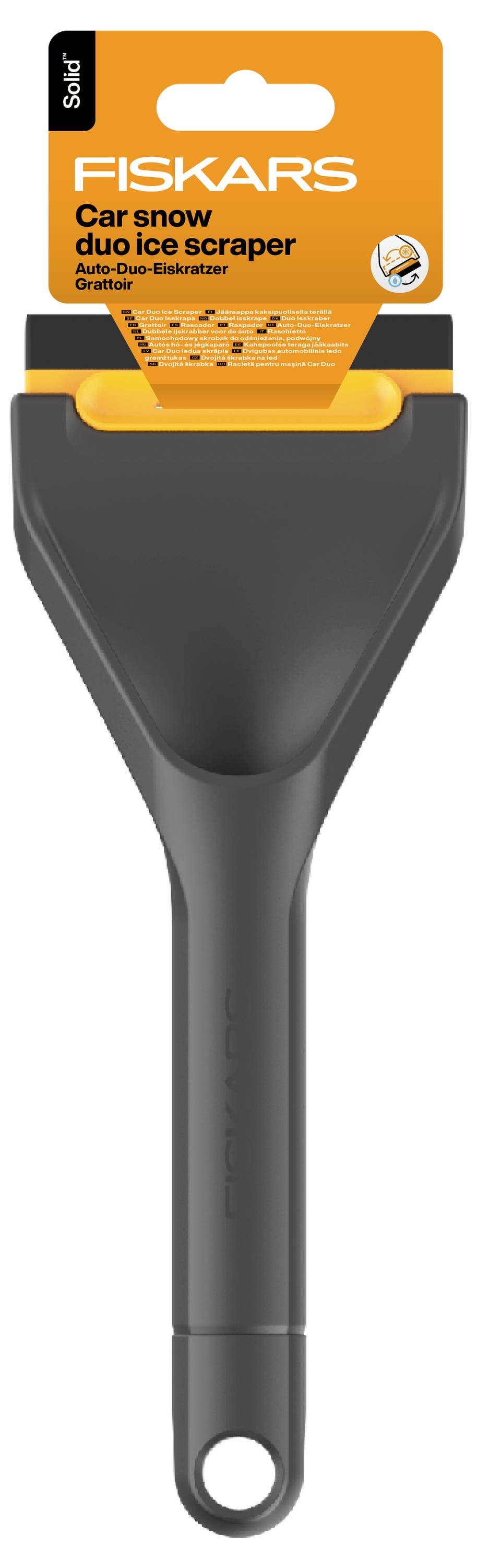 Fiskars Auto-Schneekratzer duo Eiskratzer mit schwarzem Griff und orangefarbenem Kratzerkopf, shown on product packaging.