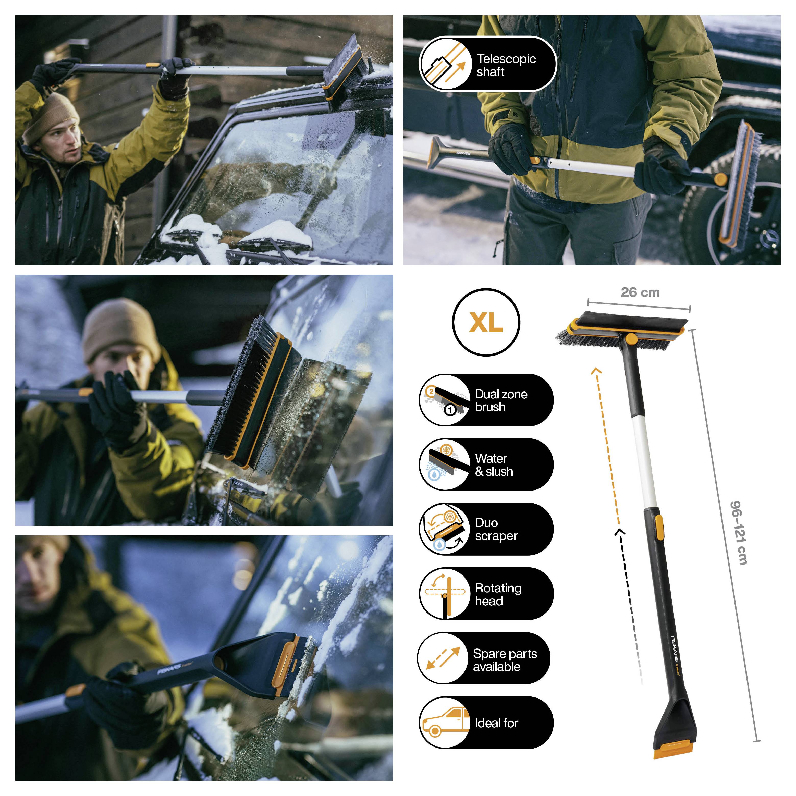 Collage mit einer teleskopischen Schneebürste und einem Eiskratzer zum Reinigen von Autofenstern; enthält Produktbeschriftungen: XL, Dual-Zone-Bürste, Wasser und Schneematsch, drehbarer Kopf, Ersatzteile erhältlich, ideal für kaltes Wetter.