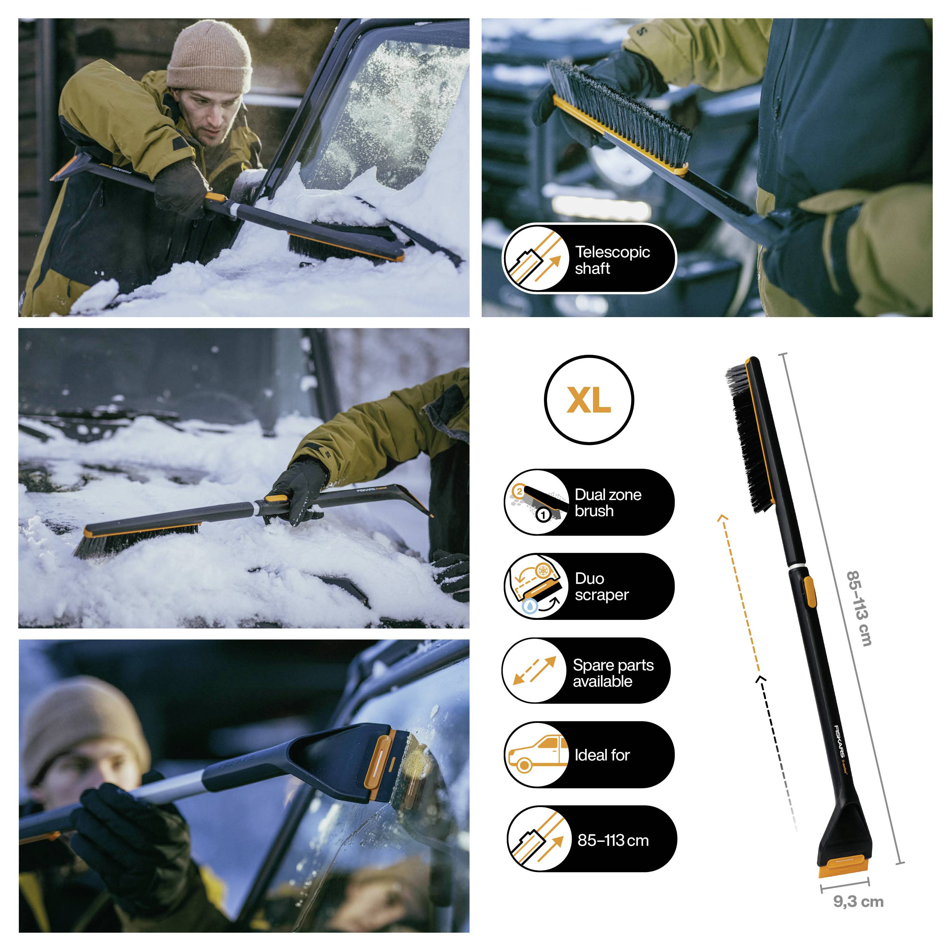 Collage zeigt einen Teleskop-Schneebürste und Eiskratzer für Autos, die zur Reinigung einer Windschutzscheibe verwendet werden, mit gekennzeichneten Funktionen: XL Dual-Zone-Bürste, Duo-Kratzer, Ersatzteile erhältlich, ideal für Autos, 85-113 cm.