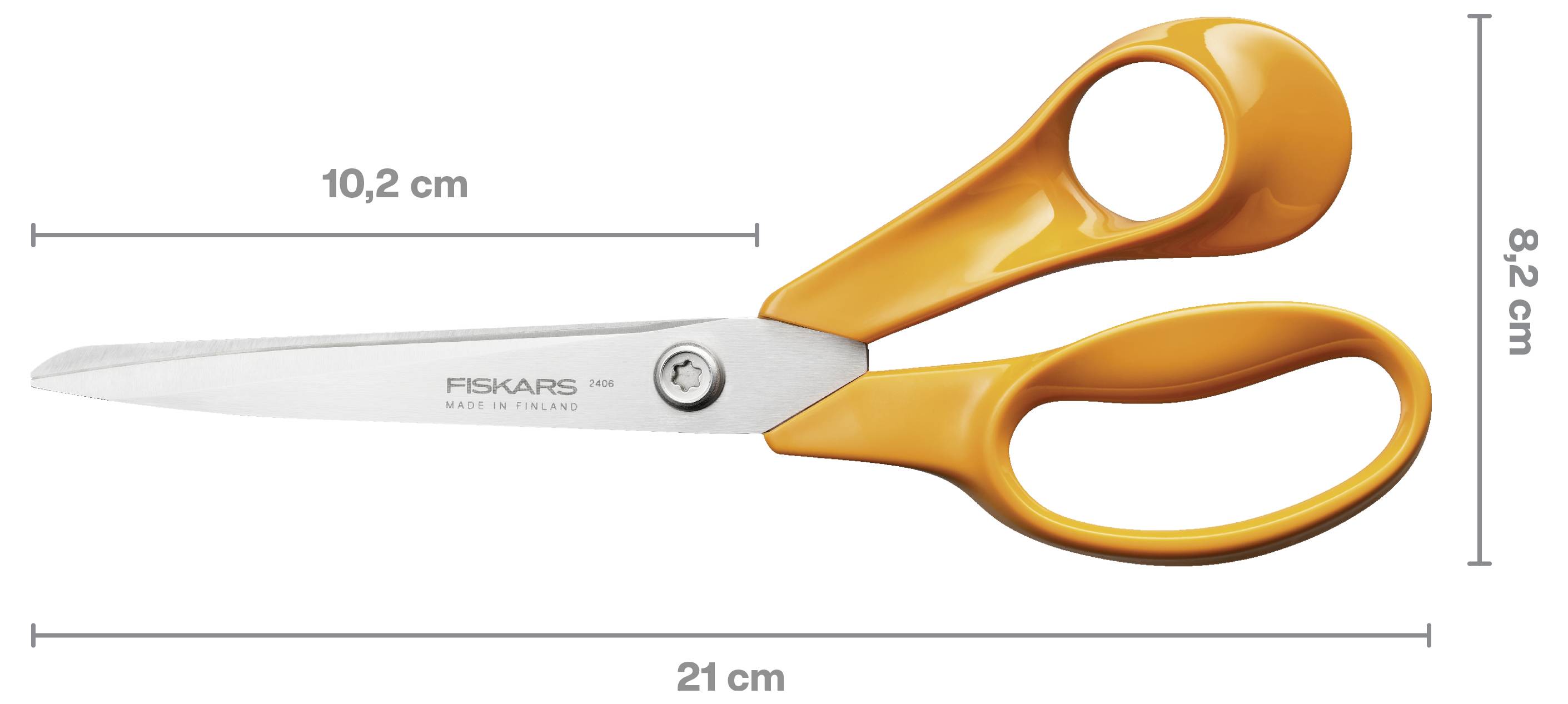 Bild von Fiskars-Schere mit orangenem Griff, gezeigt mit Abmessungen: 21 cm Gesamtlänge, 10,2 cm Klingenlänge und 8,2 cm Griffhöhe.