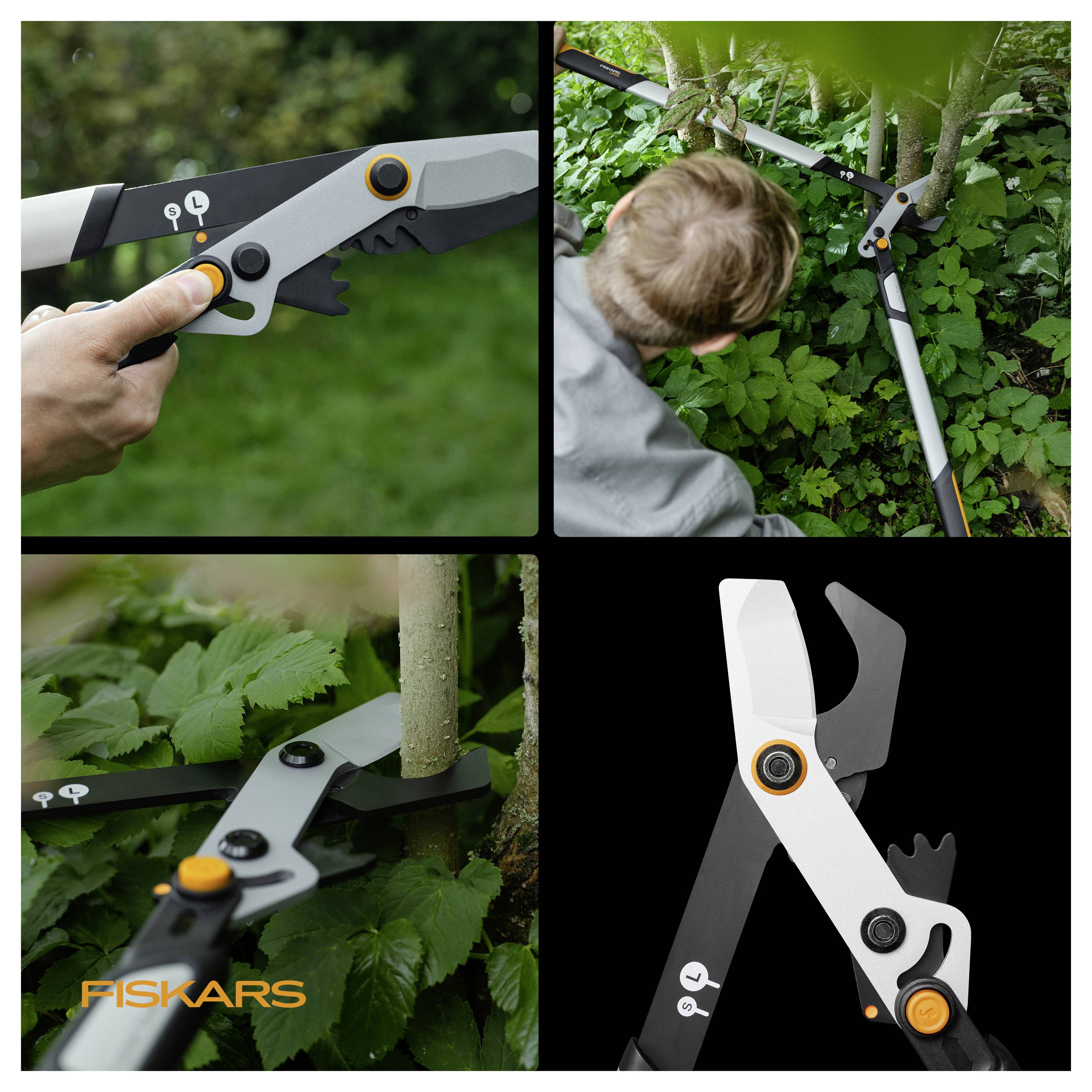 Collage mit einer Fiskars-Astschere in Gebrauch beim Schneiden von Ästen um einen kleinen Baum, sowie eine Nahaufnahme des Werkzeugs auf schwarzem Hintergrund.