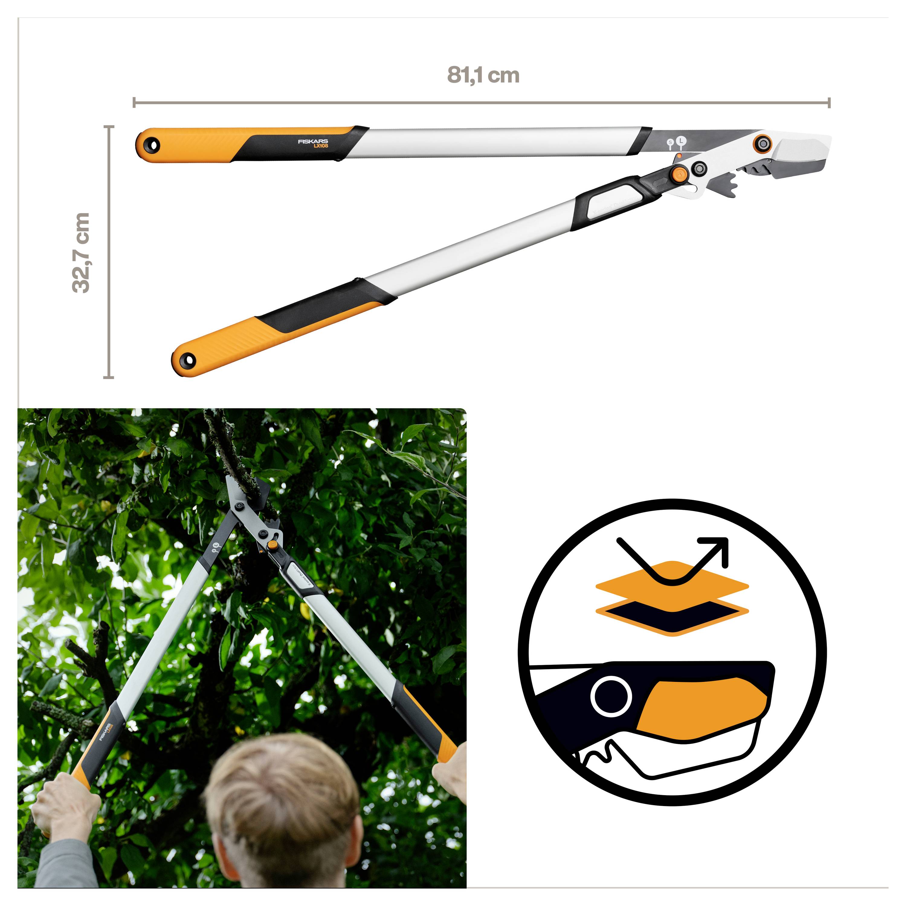 Produktbild von Gartenscheren mit langem Griff, gezeigt mit Abmessungen von 81,1 cm mal 32,7 cm, in Verwendung beim Schneiden von Baumästen und ein kreisförmiges Nahaufnahmesymbol des Schneidekopfes.