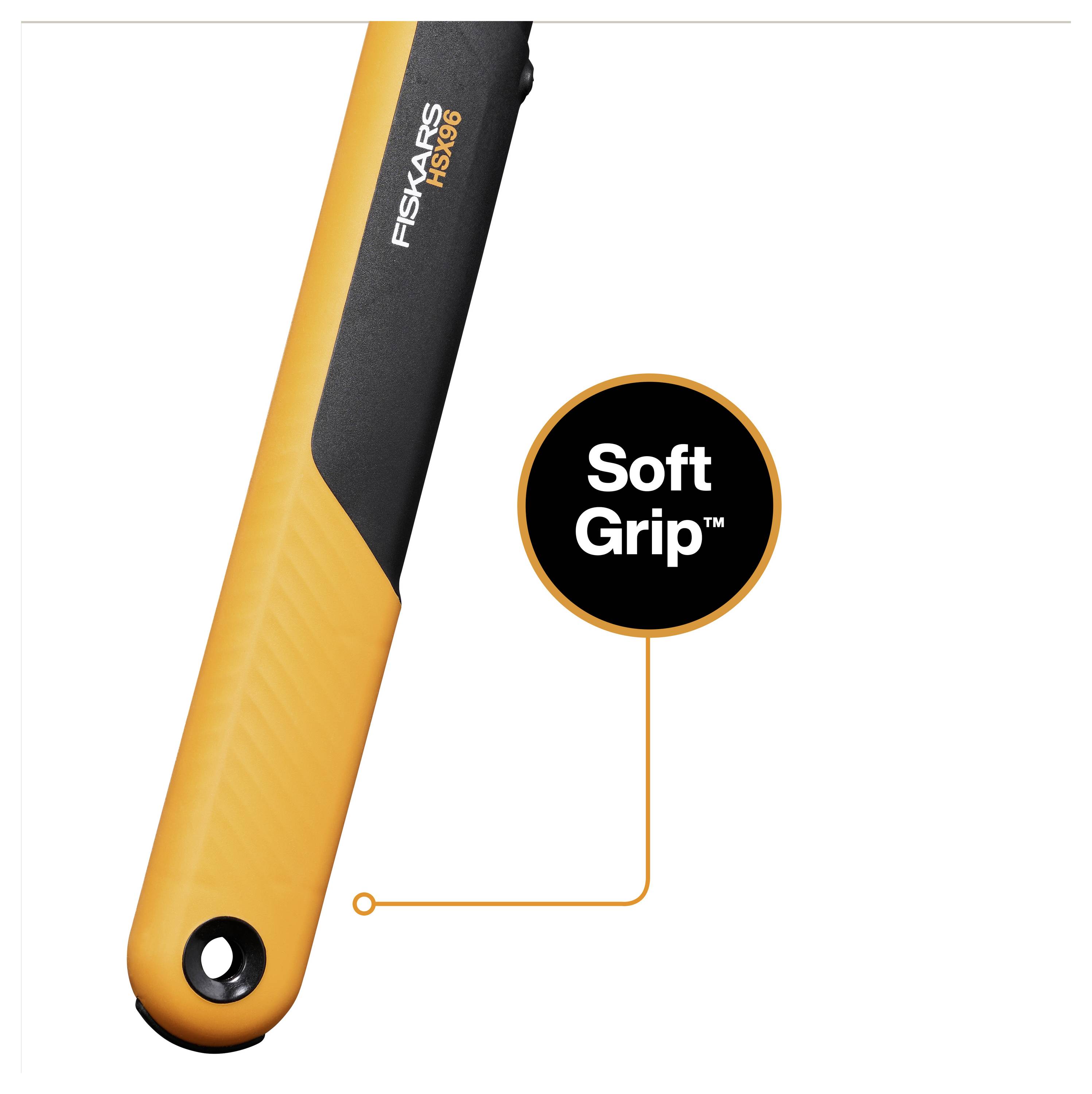 Nahaufnahme eines orange-schwarzen Fiskars-Handwerkzeuggriffs mit einer beschrifteten Legende, die auf den Griffbereich zeigt und „Soft Grip