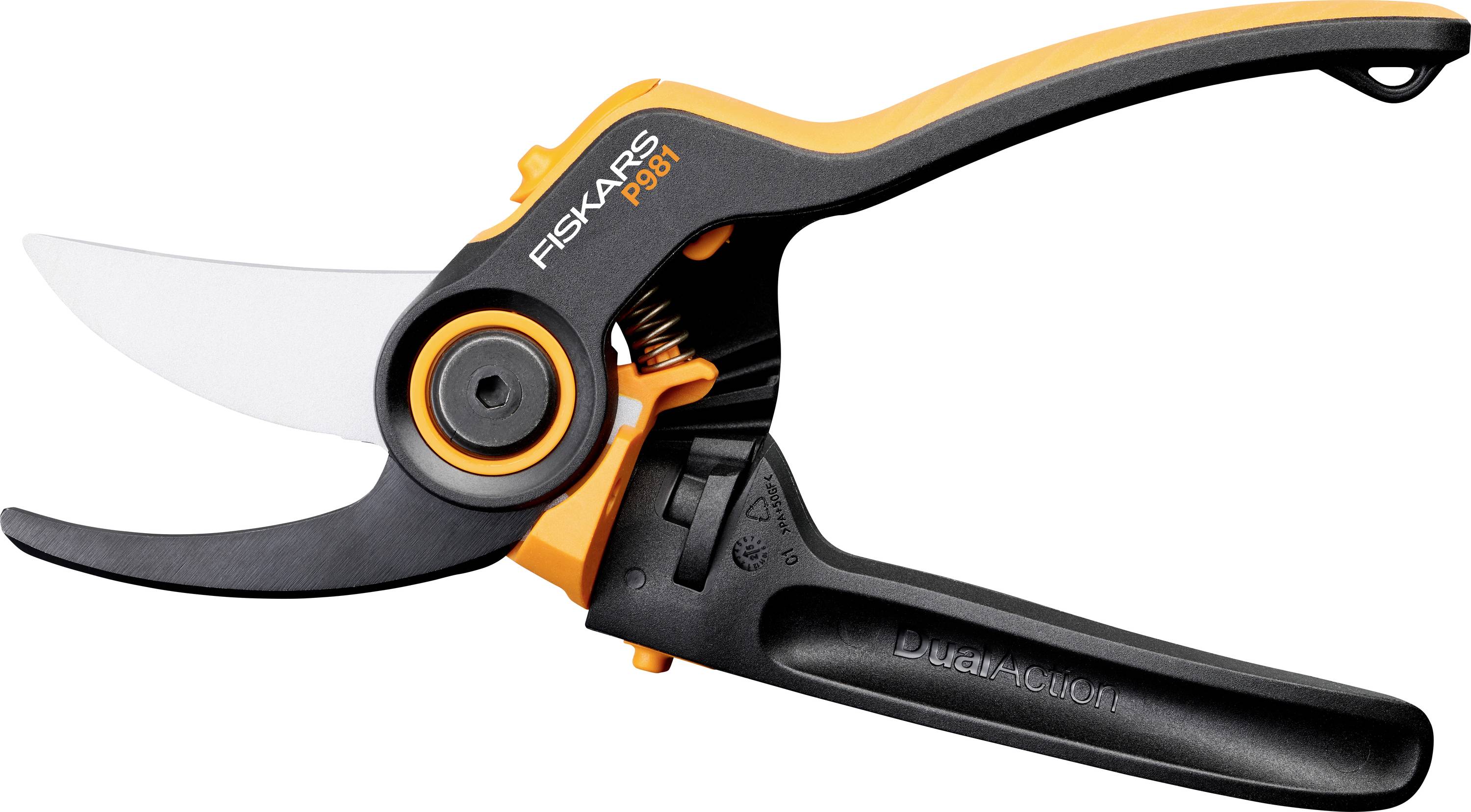 Schwarze und orange Fiskars-Gartenscheren mit gekrümmten Klingen und Schleifengriffeln auf weißem Hintergrund.
